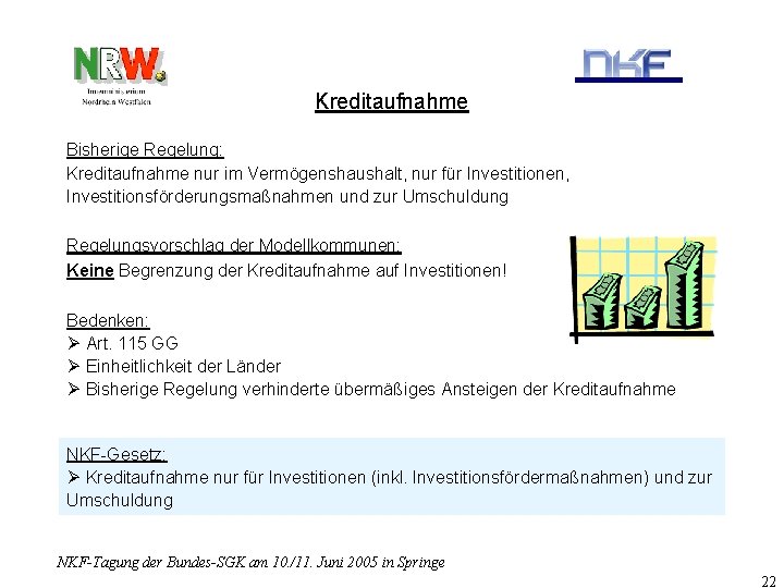 Kreditaufnahme Bisherige Regelung: Kreditaufnahme nur im Vermögenshaushalt, nur für Investitionen, Investitionsförderungsmaßnahmen und zur Umschuldung