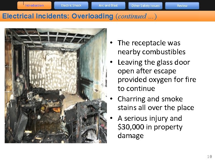 Introduction Electric Shock Arc and Blast Other Safety Issues Review Electrical Incidents: Overloading (continued