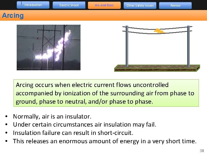 Introduction Electric Shock Arc and Blast Other Safety Issues Review Arcing occurs when electric