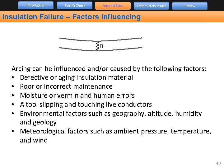 Introduction Electric Shock Arc and Blast Other Safety Issues Review Insulation Failure – Factors