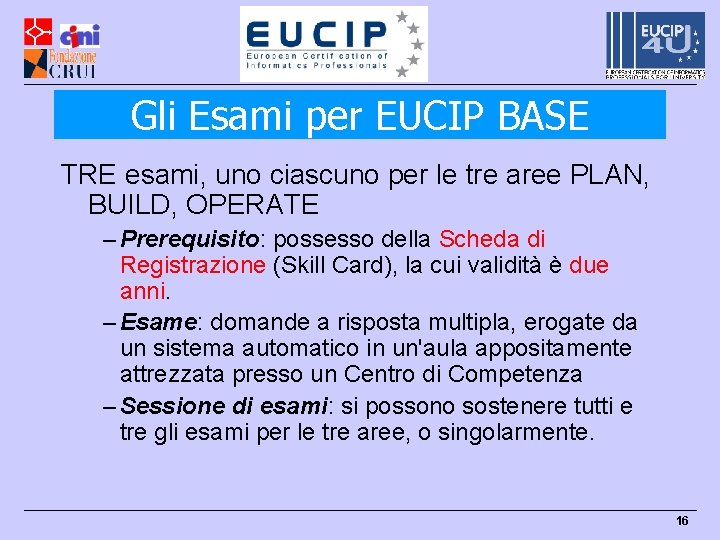 Gli Esami per EUCIP BASE TRE esami, uno ciascuno per le tre aree PLAN,