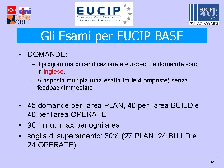 Gli Esami per EUCIP BASE • DOMANDE: – il programma di certificazione è europeo,