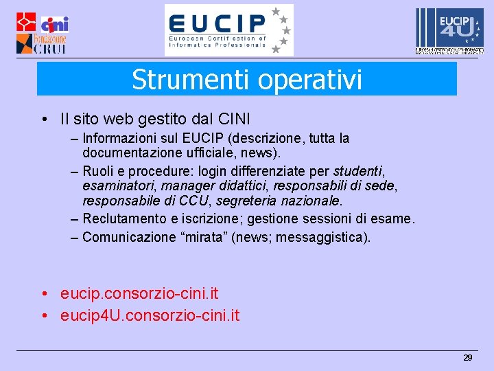 Strumenti operativi • Il sito web gestito dal CINI – Informazioni sul EUCIP (descrizione,