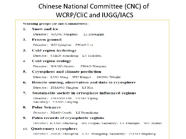 Chinese National Committee (CNC) of WCRP/Cli. C and IUGG/IACS 