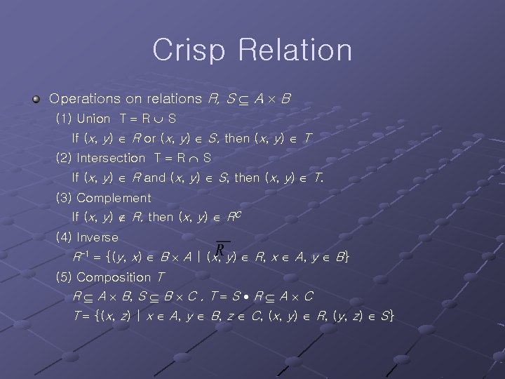 Crisp Relation Operations on relations R, S A B (1) Union T R S