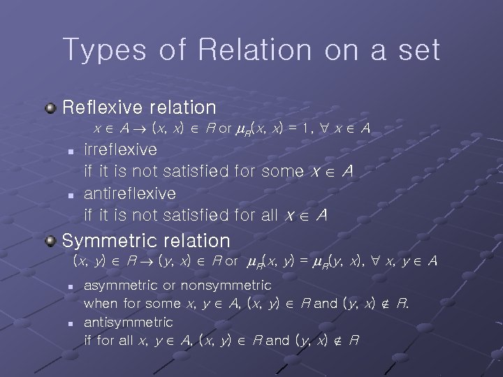 Types of Relation on a set Reflexive relation x A (x, x) R or