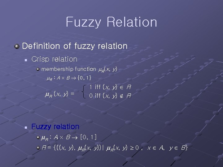 Fuzzy Relation Definition of fuzzy relation n Crisp relation membership function R(x, y) R