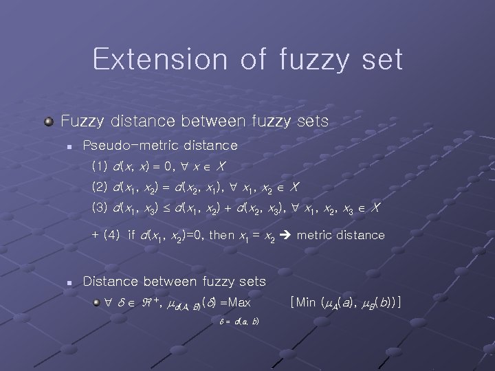 Extension of fuzzy set Fuzzy distance between fuzzy sets n Pseudo-metric distance (1) d(x,