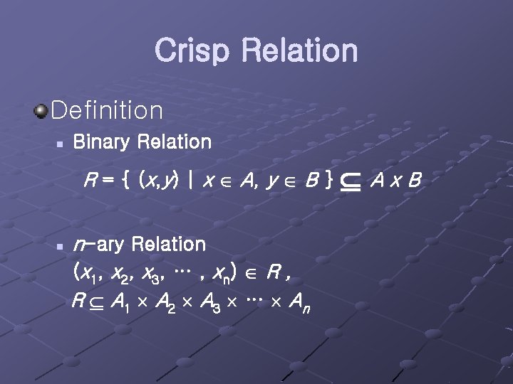Crisp Relation Definition n Binary Relation R = { (x, y) | x A,