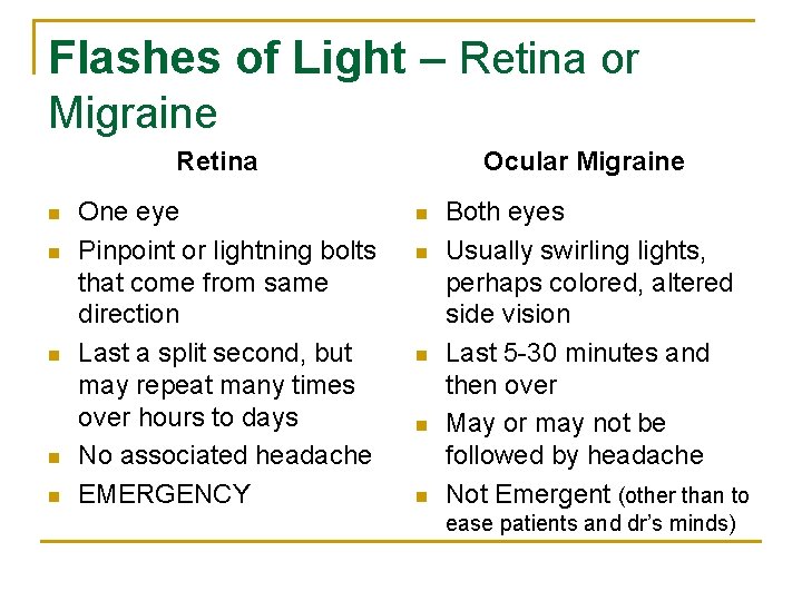 Flashes of Light – Retina or Migraine Retina n n n One eye Pinpoint