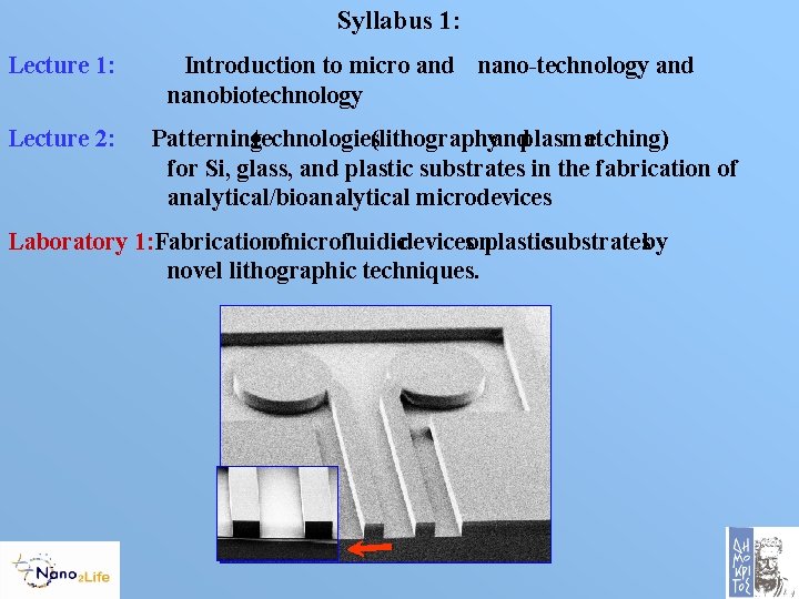 Syllabus 1: Lecture 2: Introduction to micro and nano-technology and nanobiotechnology Patterning technologies (lithography