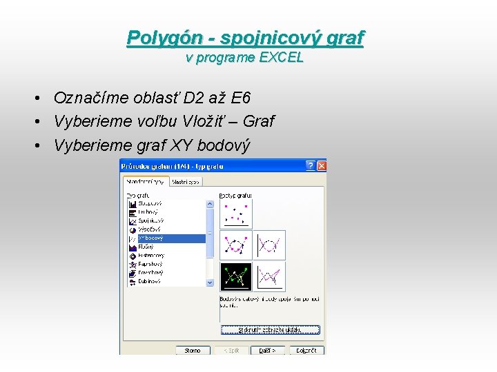 Polygón - spojnicový graf v programe EXCEL • Označíme oblasť D 2 až E