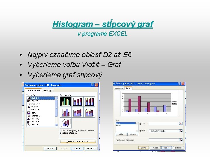 Histogram – stĺpcový graf v programe EXCEL • Najprv označíme oblasť D 2 až