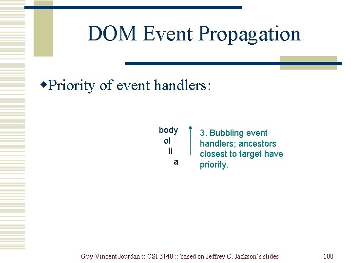 DOM Event Propagation w. Priority of event handlers: body ol li a 3. Bubbling DOM Event Propagation w. Priority of event handlers: body ol li a 3. Bubbling