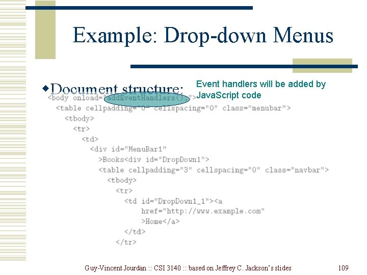 Example: Drop-down Menus w. Document structure: Event handlers will be added by Java. Script Example: Drop-down Menus w. Document structure: Event handlers will be added by Java. Script