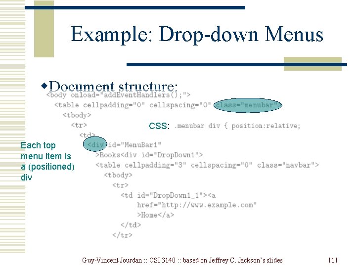 Example: Drop-down Menus w. Document structure: CSS: Each top menu item is a (positioned) Example: Drop-down Menus w. Document structure: CSS: Each top menu item is a (positioned)