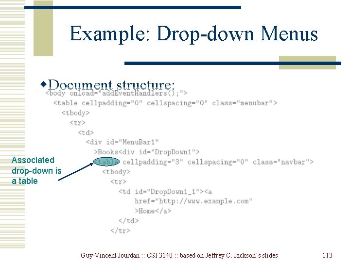 Example: Drop-down Menus w. Document structure: Associated drop-down is a table Guy-Vincent Jourdan : Example: Drop-down Menus w. Document structure: Associated drop-down is a table Guy-Vincent Jourdan :
