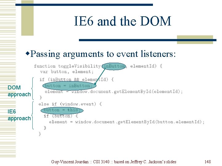 IE 6 and the DOM w. Passing arguments to event listeners: DOM approach IE IE 6 and the DOM w. Passing arguments to event listeners: DOM approach IE