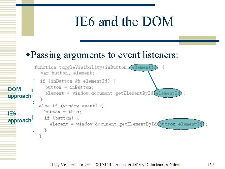IE 6 and the DOM w. Passing arguments to event listeners: DOM approach IE IE 6 and the DOM w. Passing arguments to event listeners: DOM approach IE