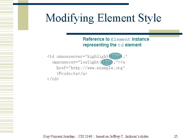 Modifying Element Style Reference to Element instance representing the td element Guy-Vincent Jourdan : Modifying Element Style Reference to Element instance representing the td element Guy-Vincent Jourdan :
