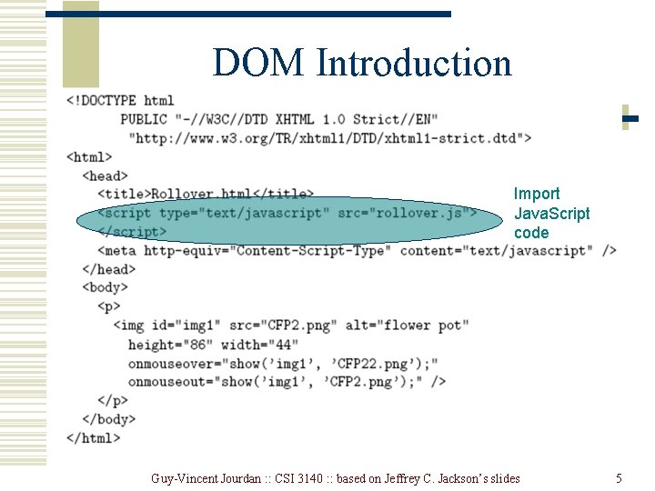 DOM Introduction Import Java. Script code Guy-Vincent Jourdan : : CSI 3140 : : DOM Introduction Import Java. Script code Guy-Vincent Jourdan : : CSI 3140 : :
