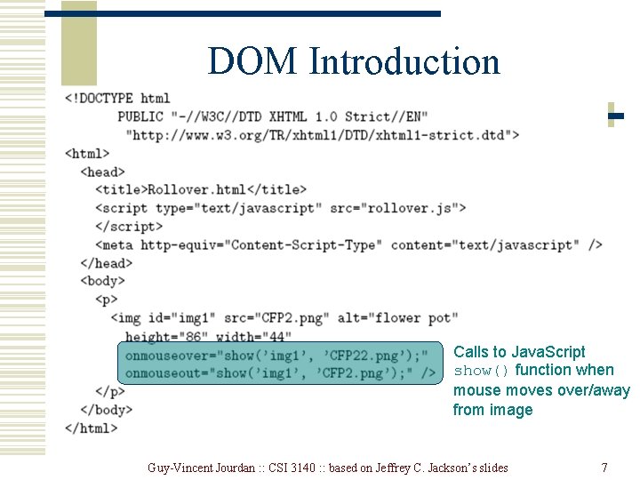 DOM Introduction Calls to Java. Script show() function when mouse moves over/away from image DOM Introduction Calls to Java. Script show() function when mouse moves over/away from image
