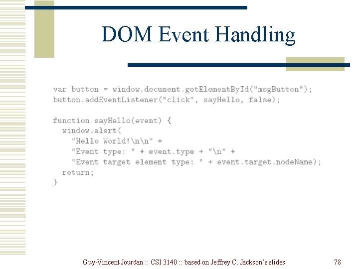 DOM Event Handling Guy-Vincent Jourdan : : CSI 3140 : : based on Jeffrey DOM Event Handling Guy-Vincent Jourdan : : CSI 3140 : : based on Jeffrey