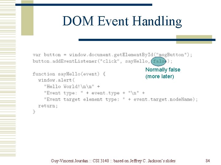 DOM Event Handling Normally false (more later) Guy-Vincent Jourdan : : CSI 3140 : DOM Event Handling Normally false (more later) Guy-Vincent Jourdan : : CSI 3140 :