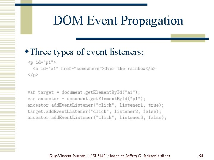 DOM Event Propagation w. Three types of event listeners: Guy-Vincent Jourdan : : CSI DOM Event Propagation w. Three types of event listeners: Guy-Vincent Jourdan : : CSI
