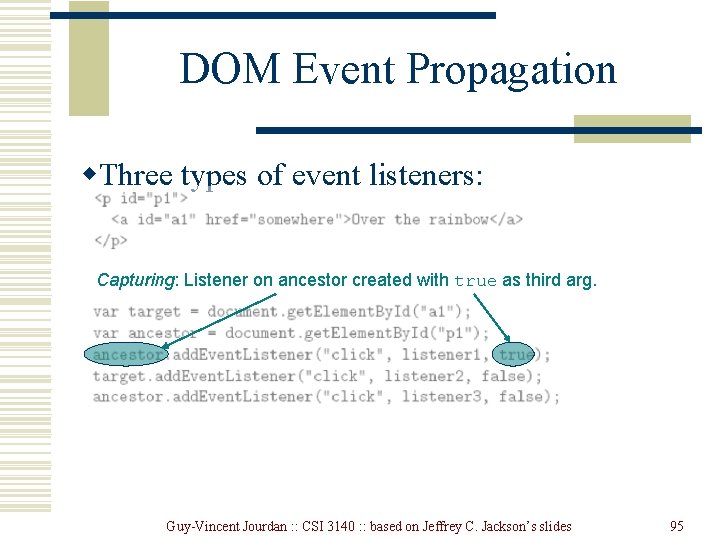 DOM Event Propagation w. Three types of event listeners: Capturing: Listener on ancestor created DOM Event Propagation w. Three types of event listeners: Capturing: Listener on ancestor created
