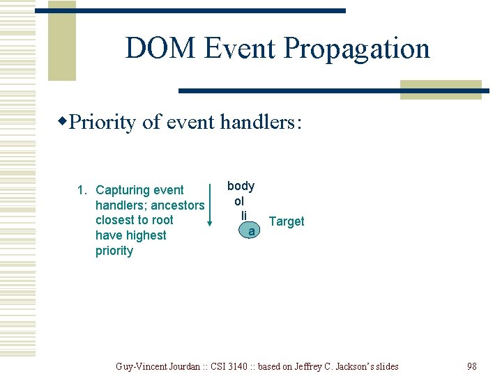 DOM Event Propagation w. Priority of event handlers: 1. Capturing event handlers; ancestors closest DOM Event Propagation w. Priority of event handlers: 1. Capturing event handlers; ancestors closest
