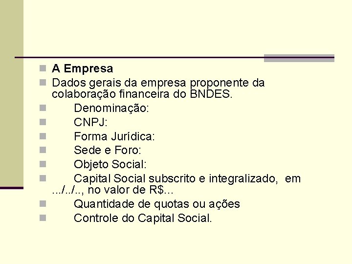 n A Empresa n Dados gerais da empresa proponente da n n n n