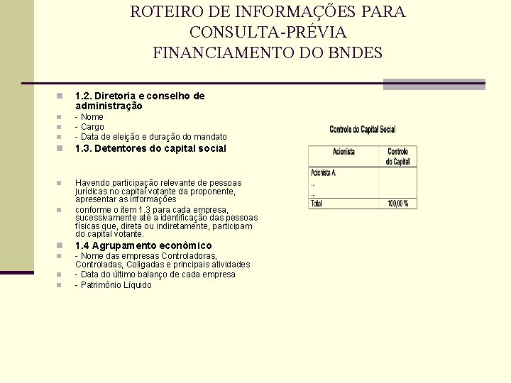 ROTEIRO DE INFORMAÇÕES PARA CONSULTA-PRÉVIA FINANCIAMENTO DO BNDES n 1. 2. Diretoria e conselho