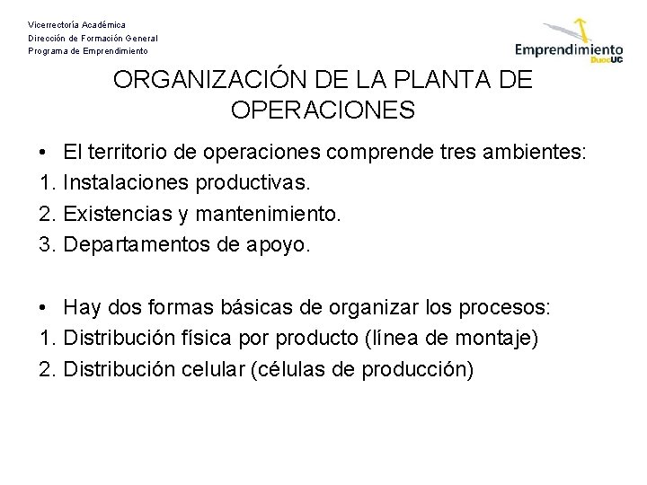 Vicerrectoría Académica Dirección de Formación General Programa de Emprendimiento ORGANIZACIÓN DE LA PLANTA DE