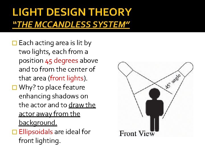 LIGHT DESIGN THEORY “THE MCCANDLESS SYSTEM” � Each acting area is lit by two