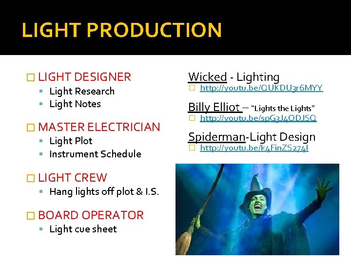 LIGHT PRODUCTION � LIGHT DESIGNER Light Research Light Notes � MASTER ELECTRICIAN Light Plot