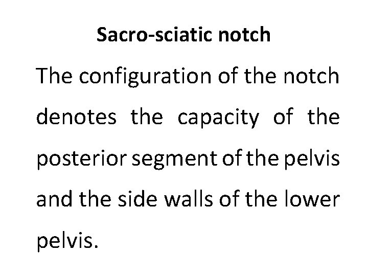 Sacro-sciatic notch The configuration of the notch denotes the capacity of the posterior segment