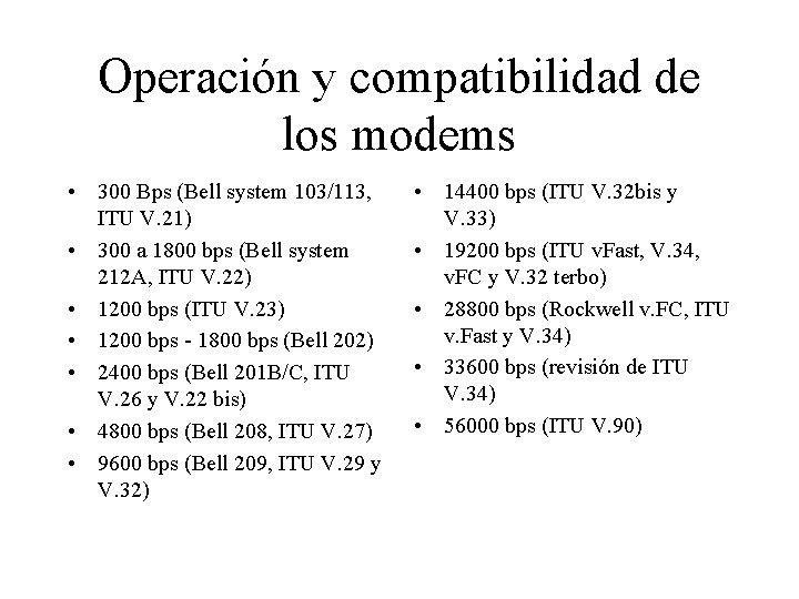 Operación y compatibilidad de los modems • 300 Bps (Bell system 103/113, ITU V.