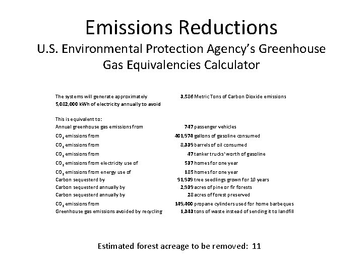 Emissions Reductions U. S. Environmental Protection Agency’s Greenhouse Gas Equivalencies Calculator The systems will