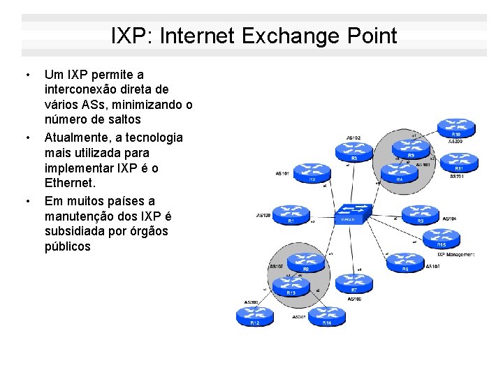 IXP: Internet Exchange Point • • • Um IXP permite a interconexão direta de