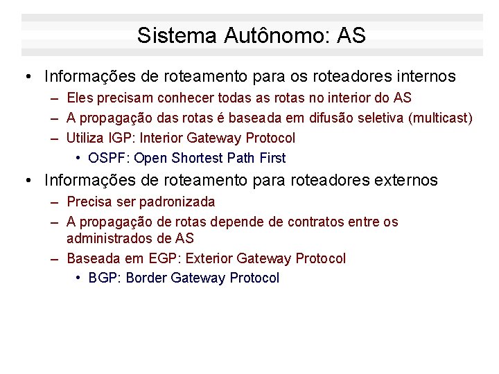 Sistema Autônomo: AS • Informações de roteamento para os roteadores internos – Eles precisam