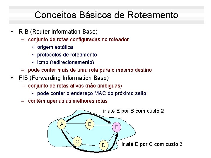 Conceitos Básicos de Roteamento • RIB (Router Information Base) – conjunto de rotas configuradas