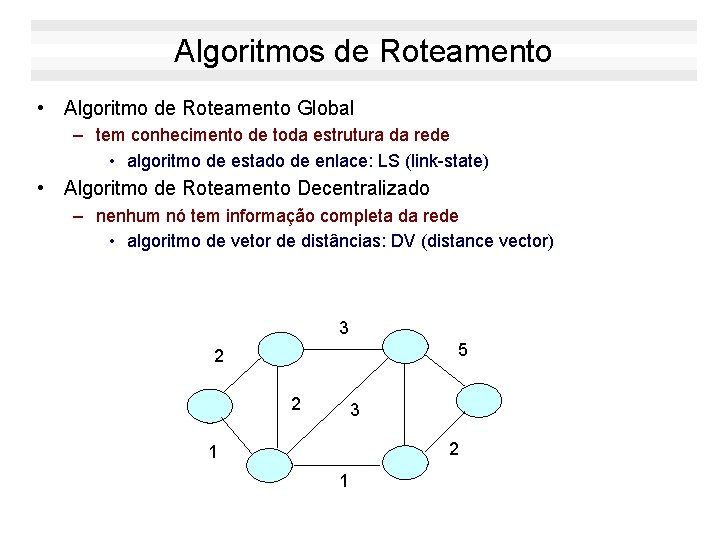 Algoritmos de Roteamento • Algoritmo de Roteamento Global – tem conhecimento de toda estrutura