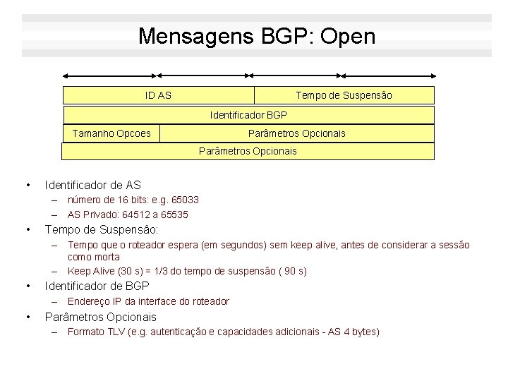 Mensagens BGP: Open ID AS Tempo de Suspensão Identificador BGP Tamanho Opcoes Parâmetros Opcionais