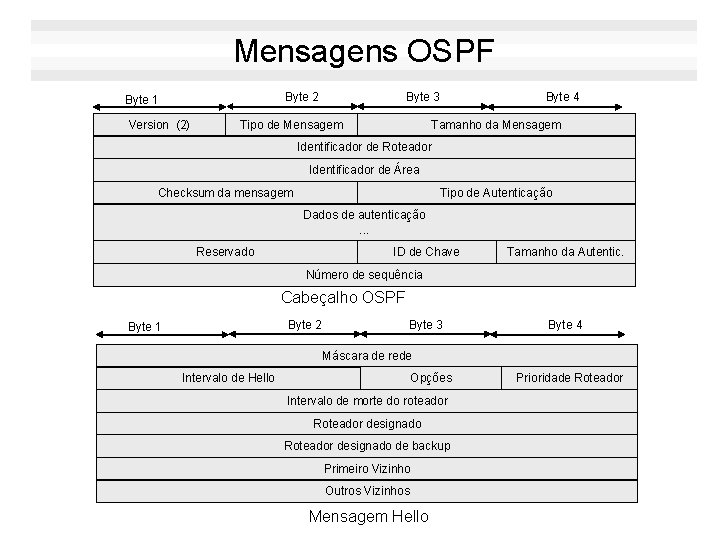 Mensagens OSPF Byte 2 Byte 1 Version (2) Byte 3 Tipo de Mensagem Byte