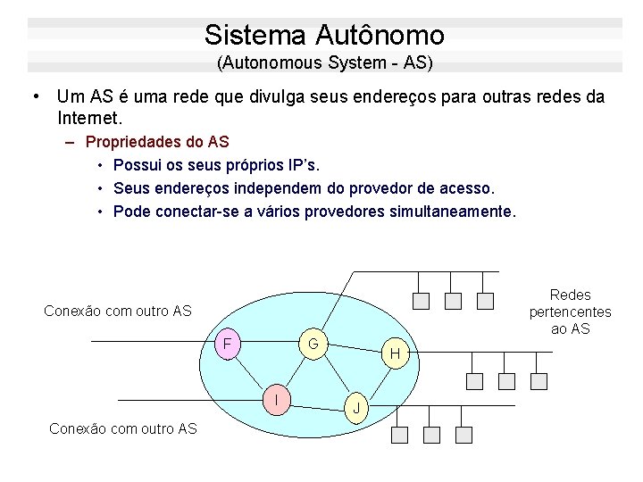 Sistema Autônomo (Autonomous System - AS) • Um AS é uma rede que divulga