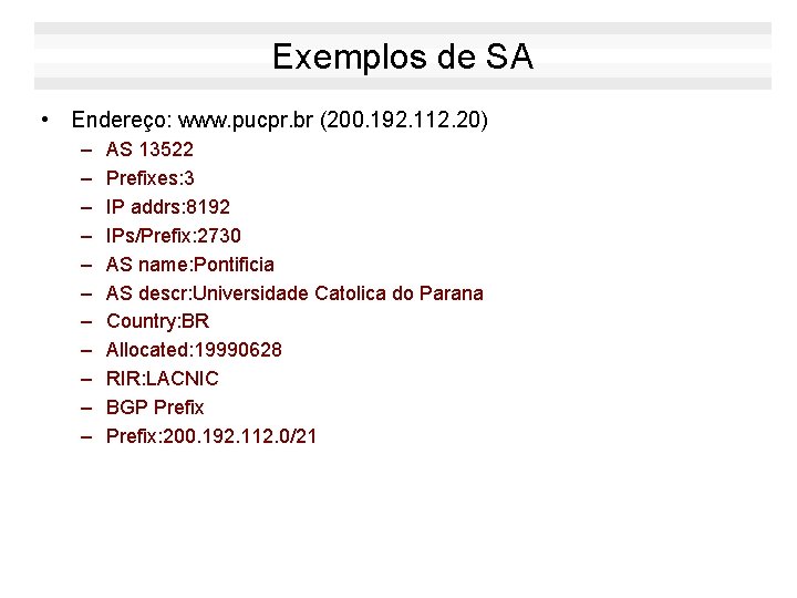 Exemplos de SA • Endereço: www. pucpr. br (200. 192. 112. 20) – –