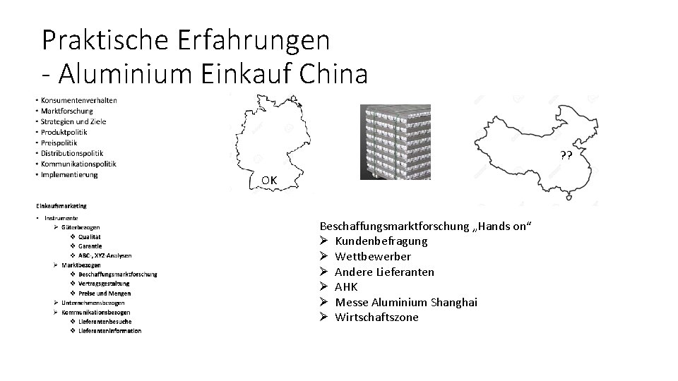 Praktische Erfahrungen - Aluminium Einkauf China ? ? OK Beschaffungsmarktforschung „Hands on“ Ø Kundenbefragung Praktische Erfahrungen - Aluminium Einkauf China ? ? OK Beschaffungsmarktforschung „Hands on“ Ø Kundenbefragung