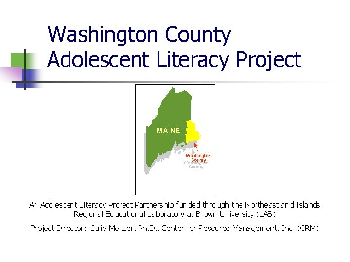 Washington County Adolescent Literacy Project An Adolescent Literacy Project Partnership funded through the Northeast