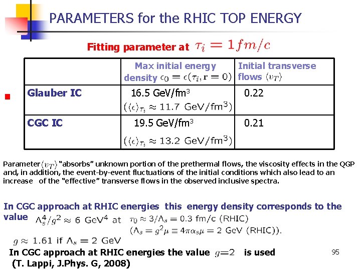 PARAMETERS for the RHIC TOP ENERGY Fitting parameter at Max initial energy density §